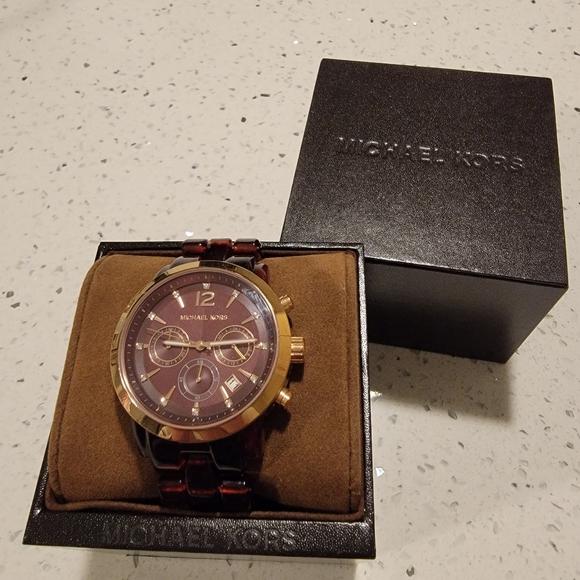 Michael Kors Burgundy and Gold Wrist Watch - Picture 1 of 4